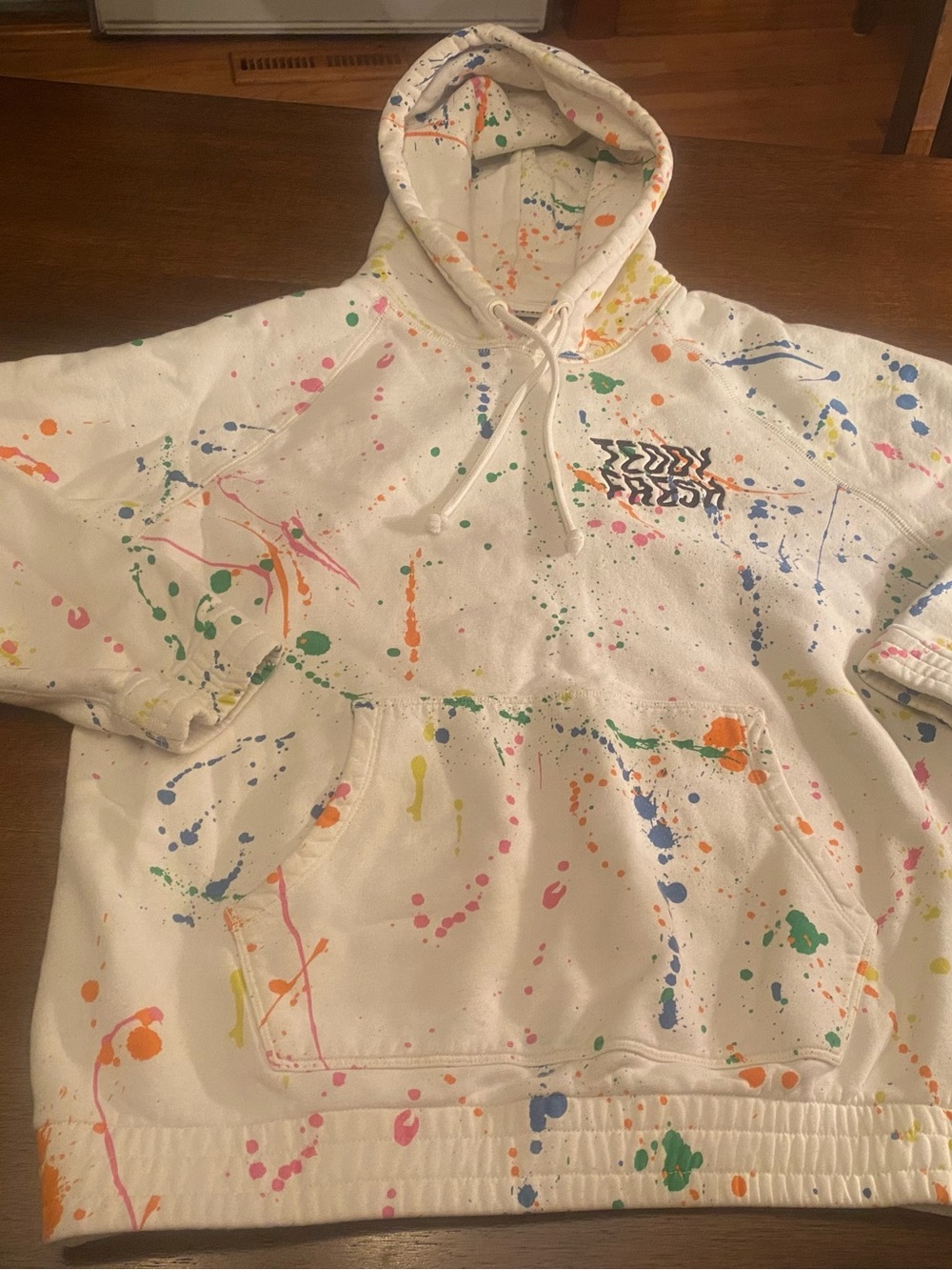 Teddy Fresh Men Large Paint Splatter Hoodie White Multicolor Pullover Streetwear